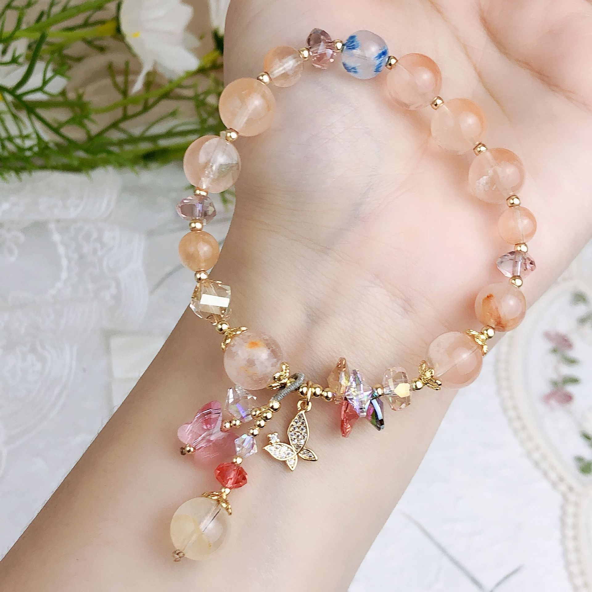 中国风国潮红兔毛手链女单圈雪花幽灵蝴蝶奥地利水晶diy手串饰品