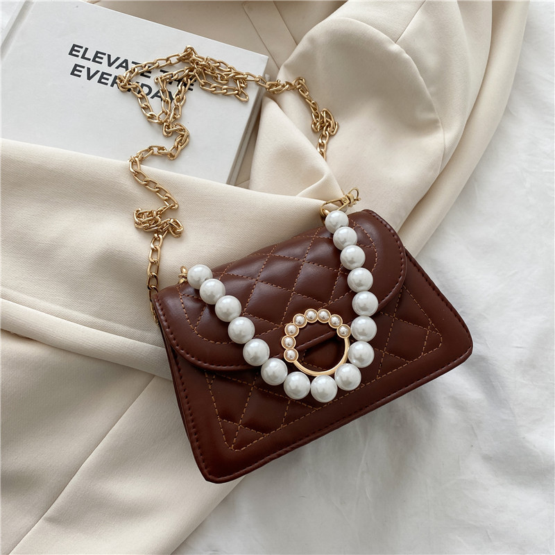 Blue Cool Rhombus Pearl Chain Messenger Bag Summer 2021 New Fashion Design Embroidery Thread Small Solid Color Square Bag