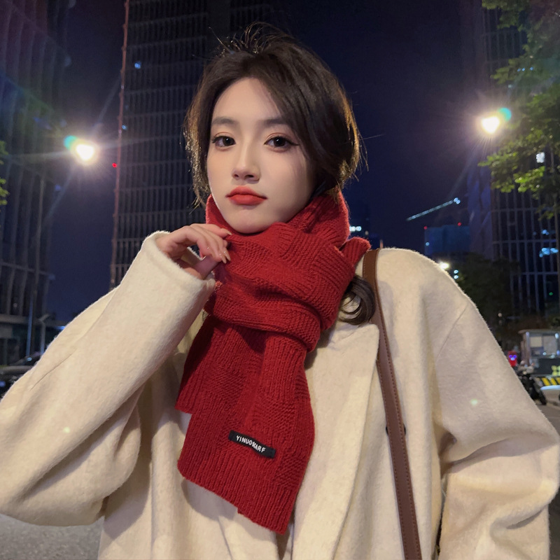 Korean Style Knitted Wine Red Scarf Simple Pure Color All-Matching Scarf Couple Autumn and Winter Artistic Warm Artificial Cashmere Scarf