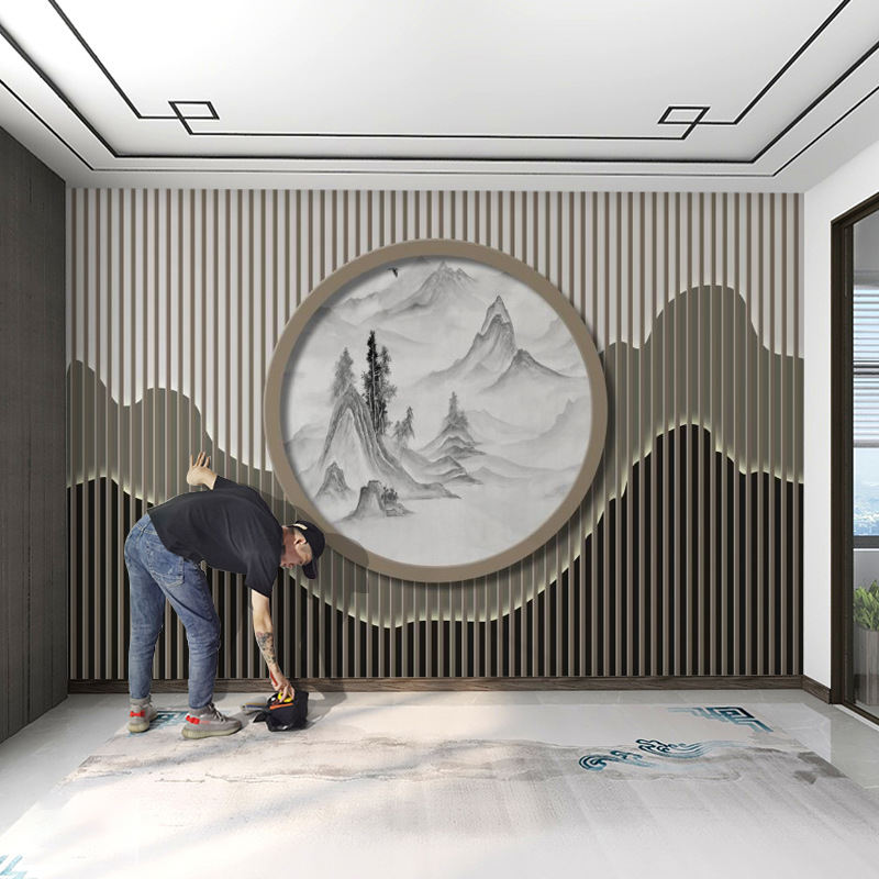 养生馆美容院背景墙公司茶室壁纸8d新中式墙纸风水墨山水装饰
