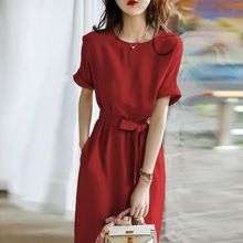 红色连衣裙女夏季2023森系气质显瘦高级感黑色裙子过膝ins中长裙