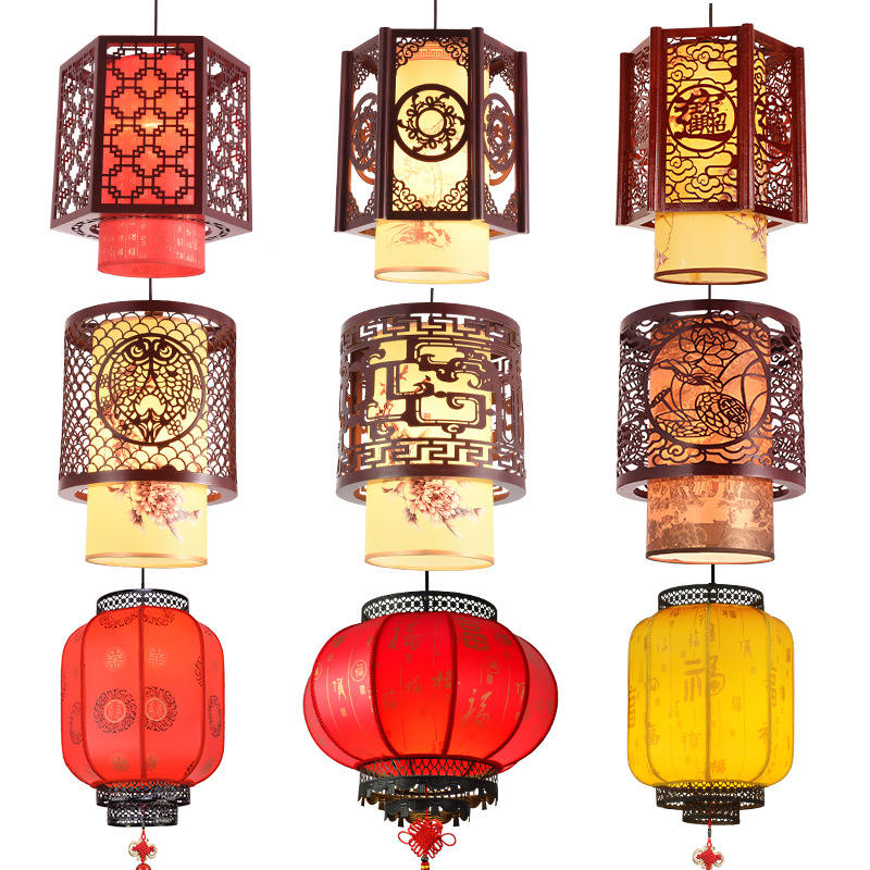 中式小吊灯风仿古餐厅木艺灯现代火锅中式灯古典羊皮灯笼灯具
