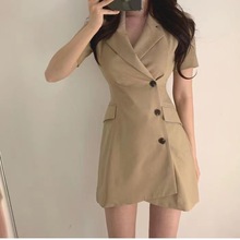 性感晚礼服夏装收腰小个子西装领显瘦V领A字连衣裙女Dress 批发