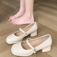 法式玛丽珍鞋女白色春季新款时尚高跟鞋不累脚粗跟复古气质女单鞋