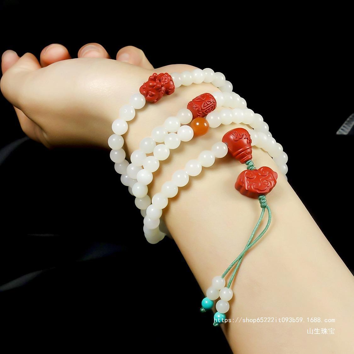 天然新疆和田玉白玉108颗圆珠手链毛衣链原创朱砂貔貅南红配饰