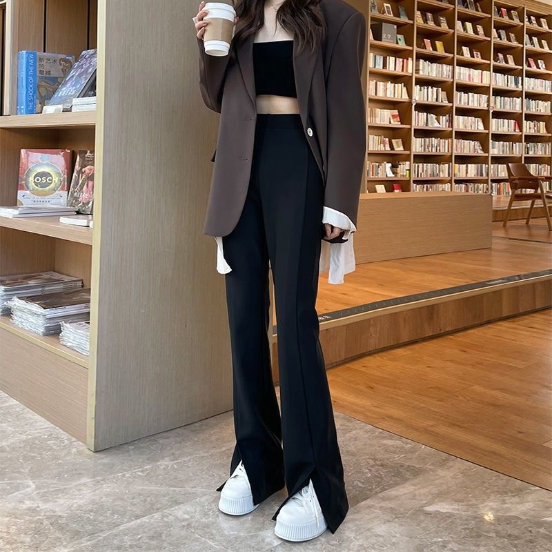 开叉裤子女2022新款直筒高腰显瘦显高弹力修身微喇叭拖地西装裤