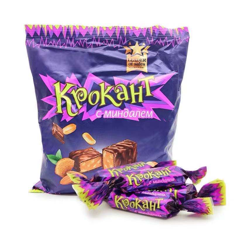 俄罗斯进口kdv紫皮糖巧克力糖碎花生夹心糖喜糖休闲零食500g