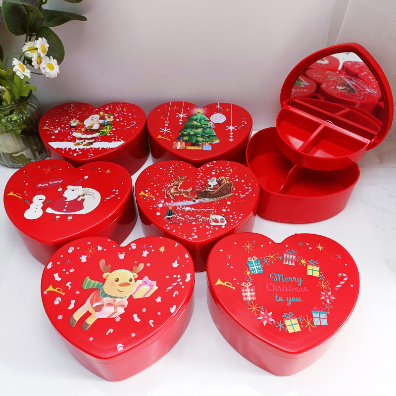 New Christmas Style Printed Double-Layer Red Heart-Shaped Jewelry Box with Mirror Ornament Storage Box Love Jewelry Box