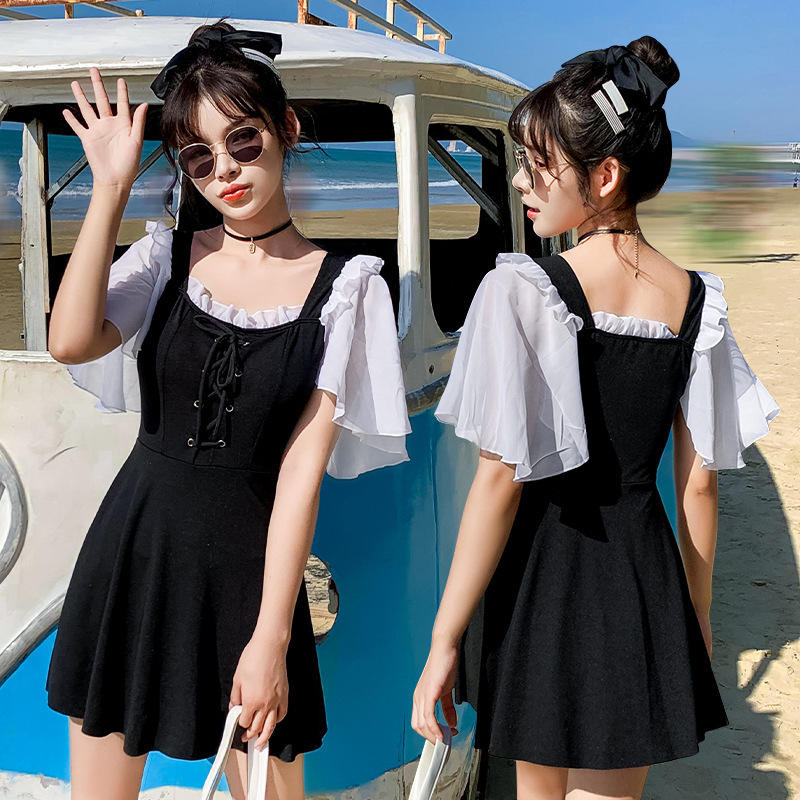 裙式连体泳衣女学生保守小胸聚拢遮肚显瘦小清新韩国泡温泉游泳衣