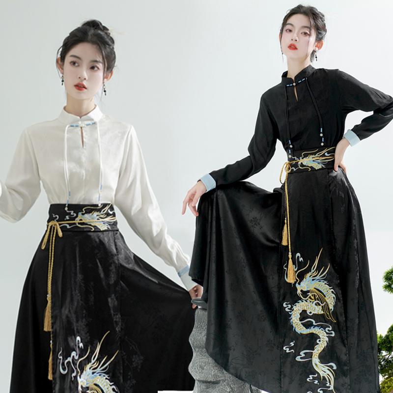 新中式国风古风汉服上衣春秋气质立领衬衫女长袖配马面裙的衬衣女