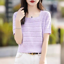法式方领彩纱短袖针织衫女夏季24新款显瘦小个子甜美短款镂空T恤