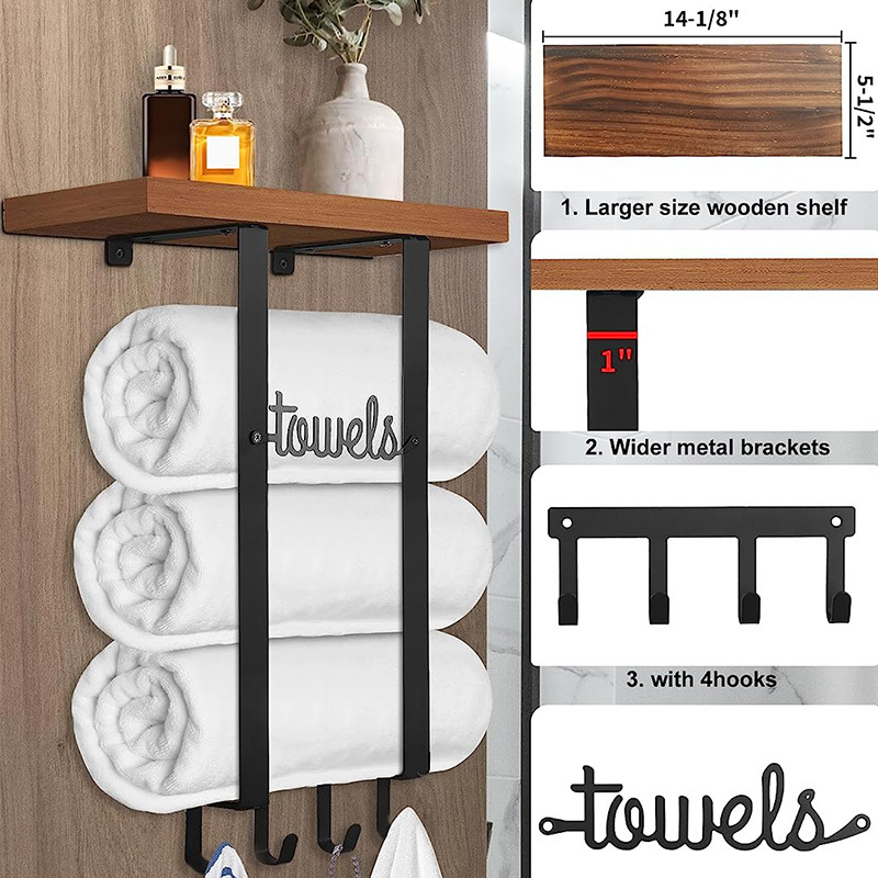 Cross-Border Bathroom Bath Towels Storage Rack Iron and Wood Combined Storage Rack Wall-Mounted Removable Wood Metal Towel Rack