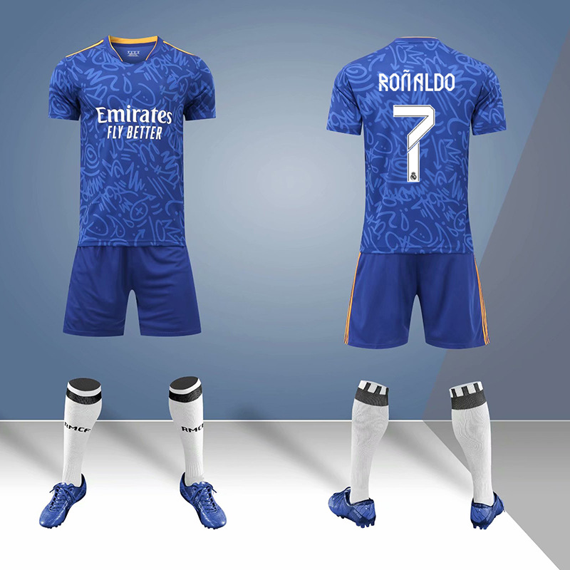 2122皇马客场蓝色球衣7号c罗莫德里奇儿童比赛训练服足球服套装