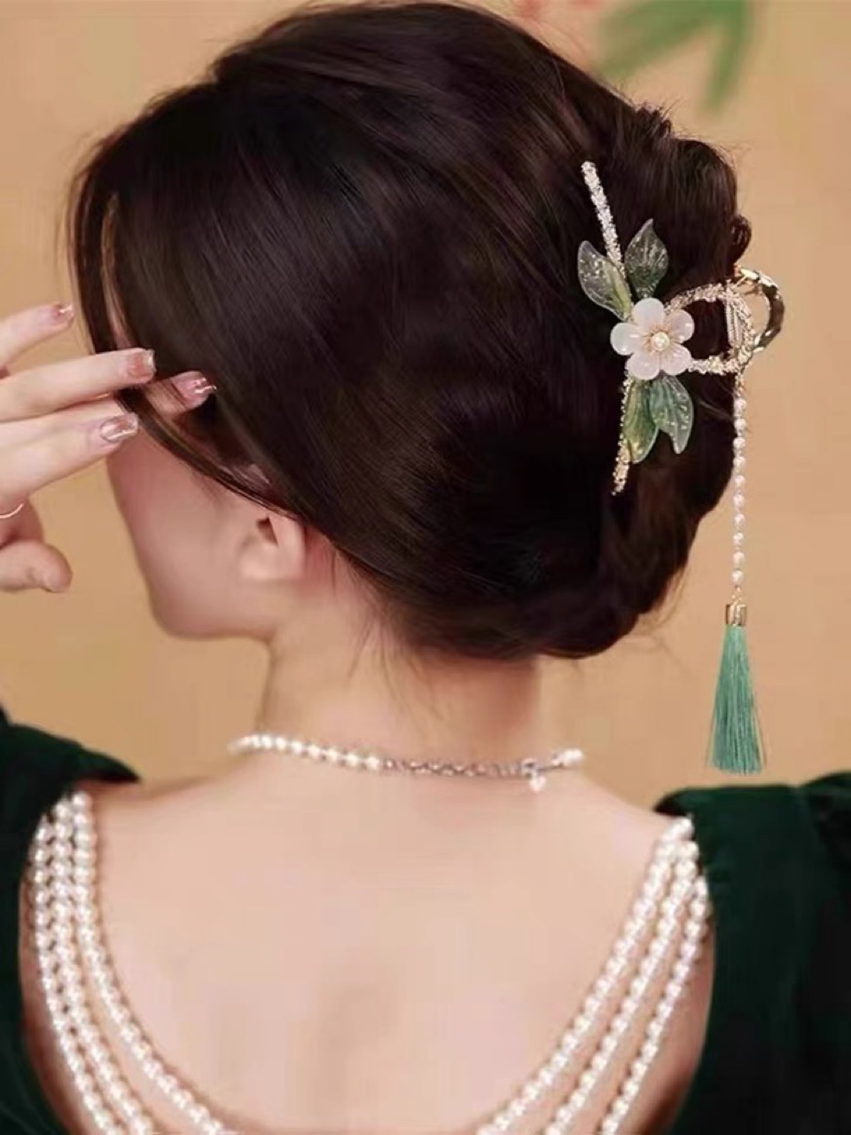 新款发抓夹后脑勺复古发夹头饰青青叶流苏鲨鱼夹古风发饰汉服抓夹