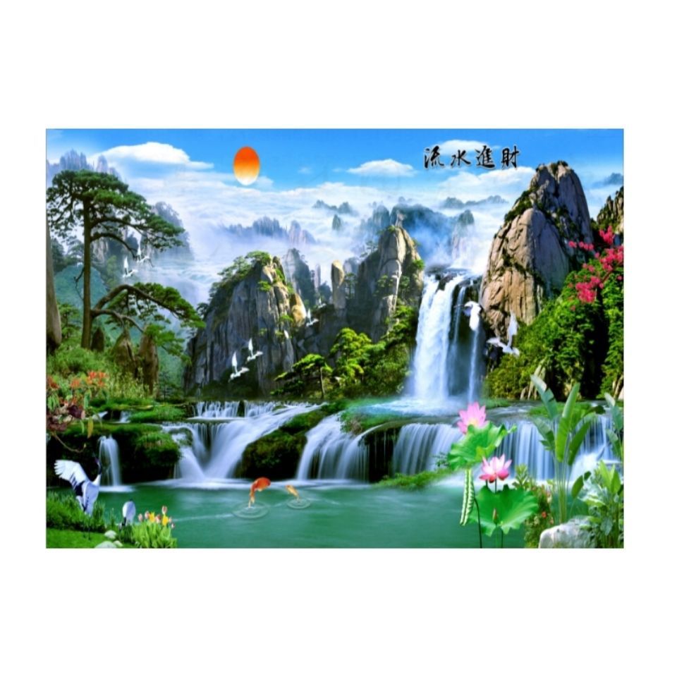 影壁墙户外瓷砖背景墙壁画迎门墙迎客松流水生财山水风景画