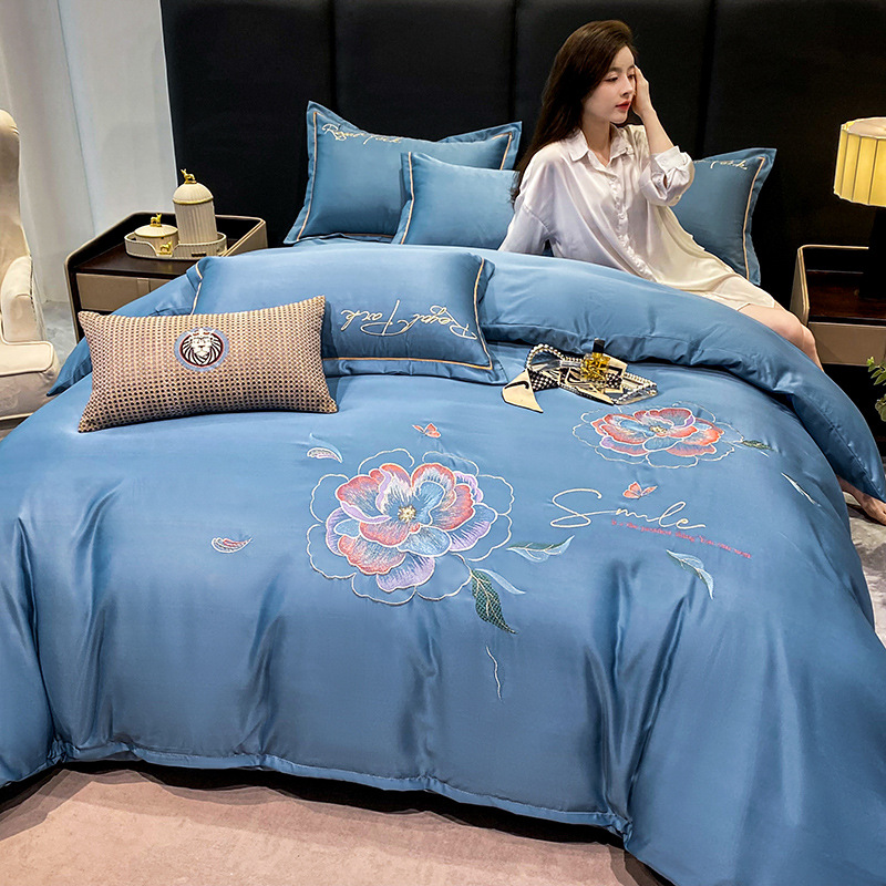 High-Grade Embroidery Tencel Four-Piece Set Summer Light Luxury Silk Cool Silk Quilt Cover Fitted Sheet Bed Product 1