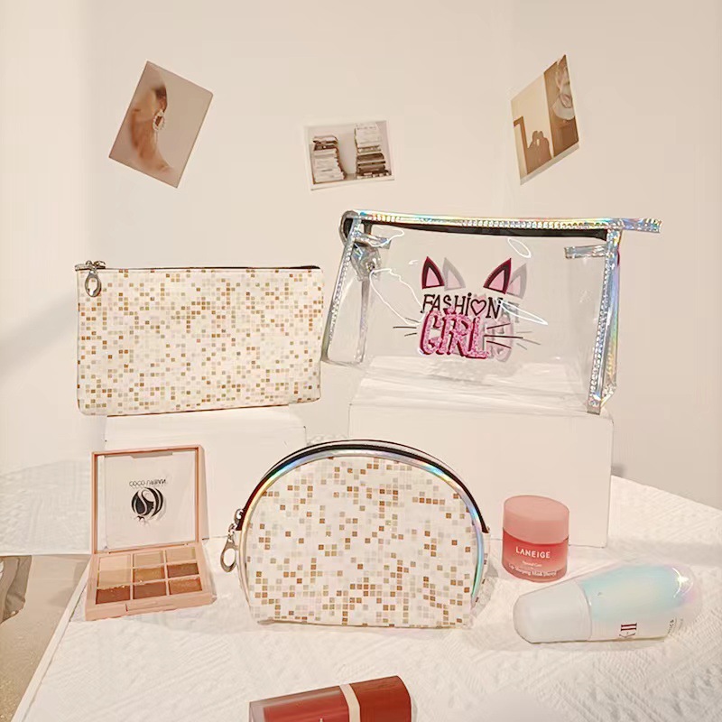 2022 New Cross-Border Three-Piece Set Cosmetic Bag Printed Logo Laser PVC Cosmetic Bag Cosmetic Bag Briefcase Wash Bag