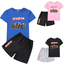 童装跨境电商外贸一件代发ROBLOX卡通图案男女童短袖T恤+短裤套装