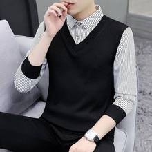 秋冬季男士薄款或加绒衬衫领假两件青年学生韩版针织毛衣打底衫潮