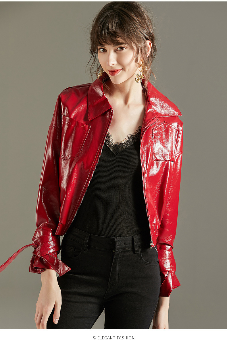 外贸高级漆皮皮衣女短款小外套复古亮色气质枣红色酷帅机车皮夹克