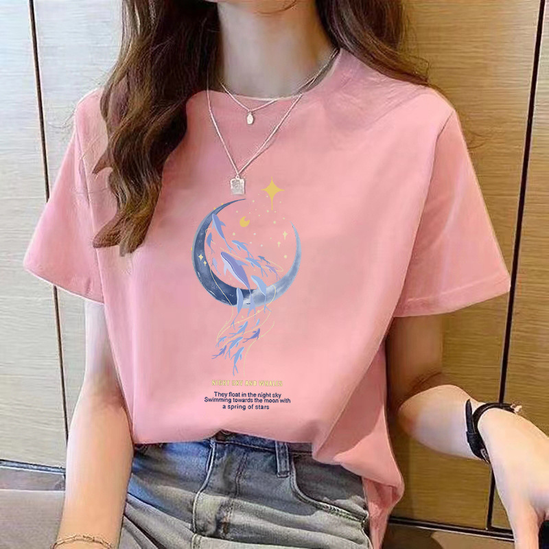 Loose-Fitting Pure Cotton Short Sleeves T-shirt Women's Summer Wear New Beautiful Top Design Printed Sweater Women's round Neck Spring and Autumn