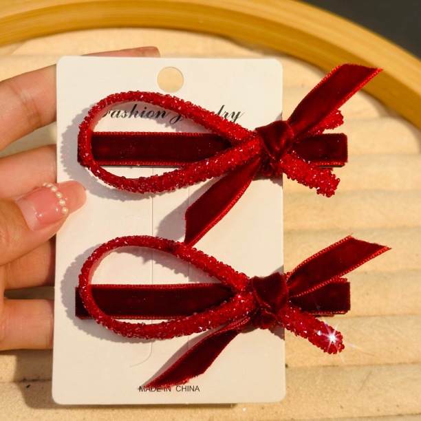 圣诞新年红色蝴蝶结发夹女2024秋冬新款侧边刘海夹一字夹发卡头饰