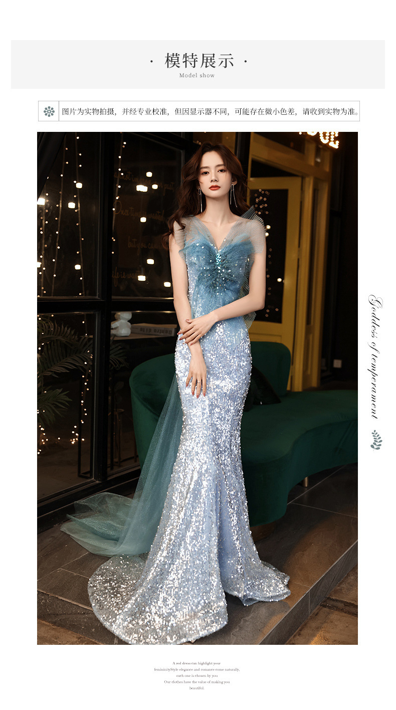 蓝色人鱼裙礼服亮片模特走秀轻奢蝴蝶结重工敬酒服超仙主持人年会