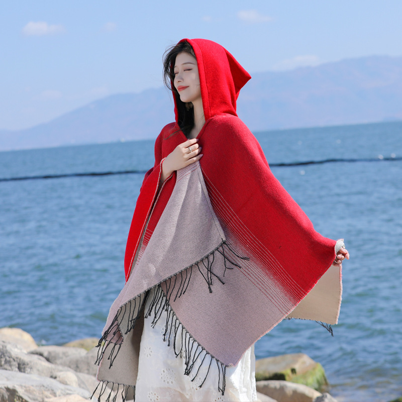 Autumn and Winter New Transitional Color Hooded Cape Ethnic Style Thickened Outer Shawl Yunnan Xinjiang Travel Matching Shawl