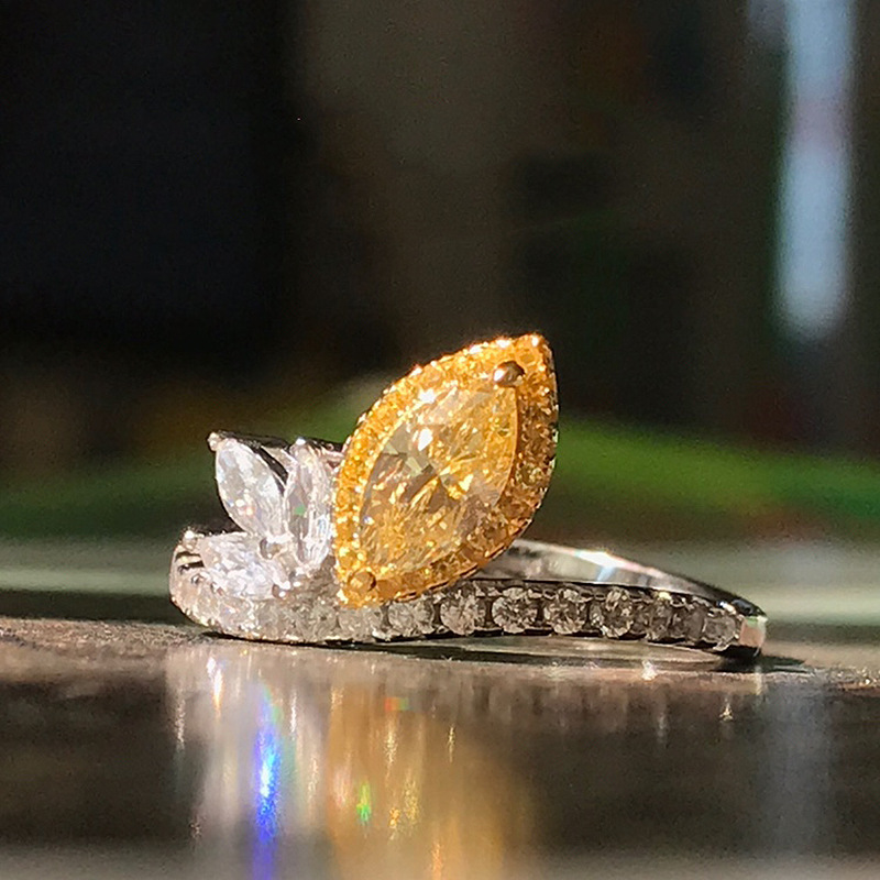 洛熙寺珠宝 新款925纯银进口高碳钻黄钻4*8马眼戒指女款欧美ins风