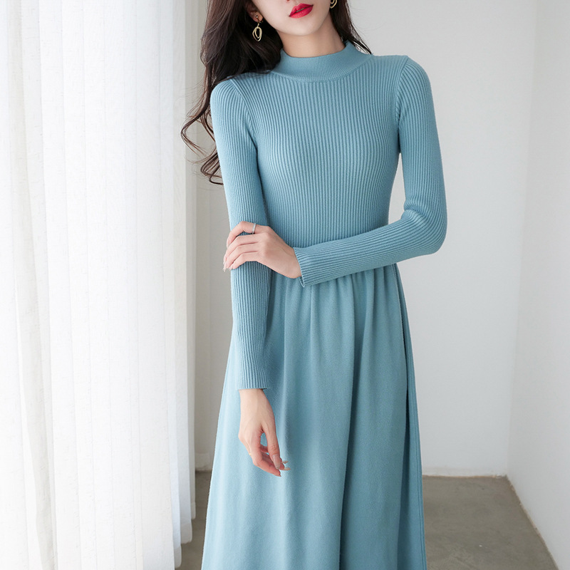 Spring and Autumn Fashionable Half Turtleneck Knitted Dress Women's Elegant Tight Waist Mid-Length Sweater Dress Outer Wear Bottoming Skirt