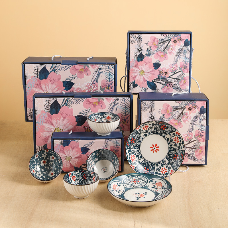 japanese cherry blossom style ceramic tableware set opening gift bowl plate spoon set real estate company companion gift
