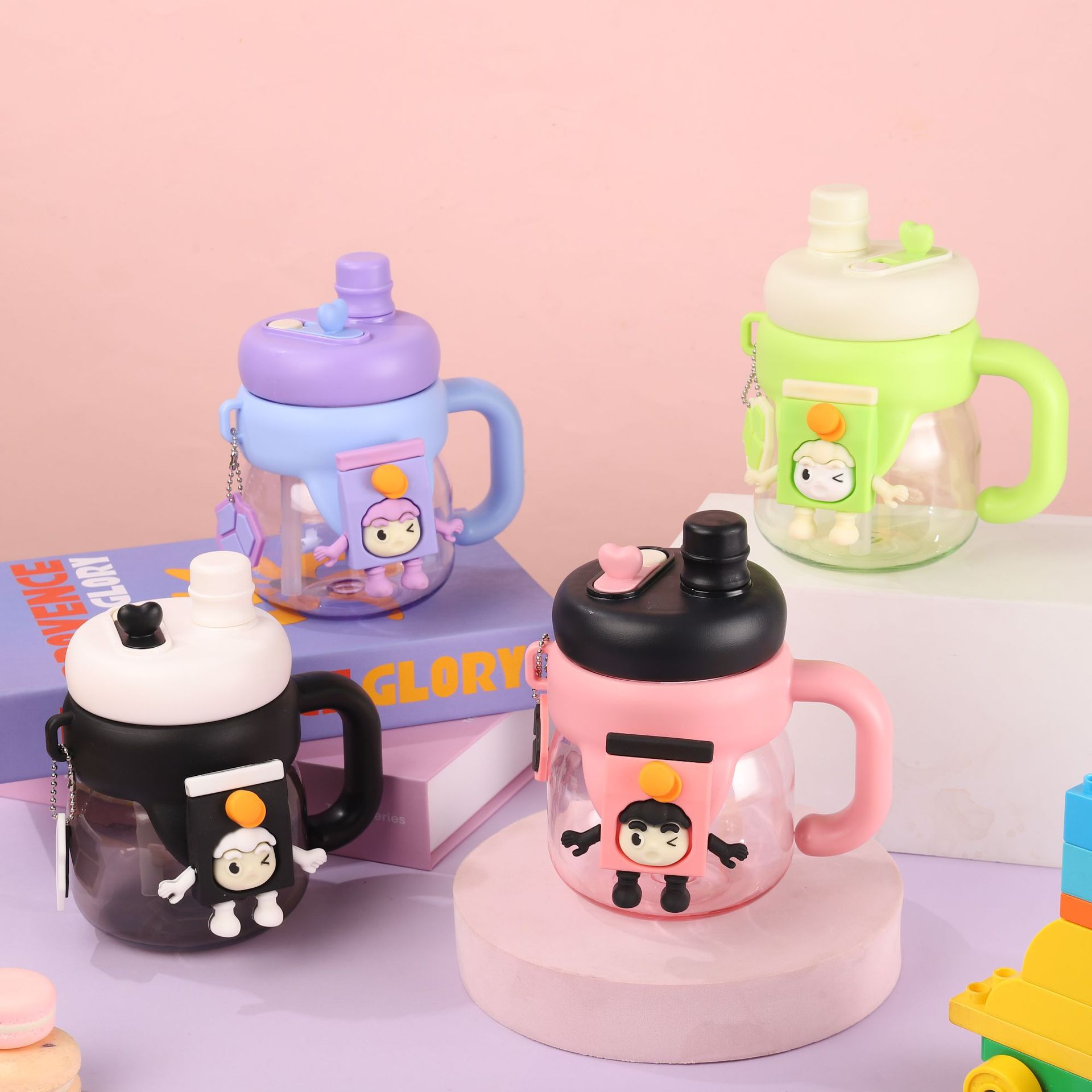 Cartoon Doll Water Cup with Handle Good-looking Portable Compact Plastic Cup Cute Fun Cup with Straw Factory Wholesale