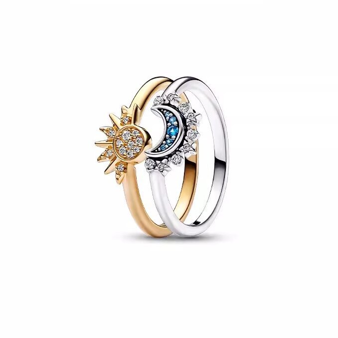 European and American SUNFLOWER S925 Silver Electroplated Shiny Rising Sun Ring Shining Blue Moon Ring Set Two-in-One Ring for Women