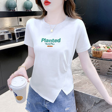 T恤女2024夏季新款时尚洋气韩版圆领设计感别致修身不规则上衣潮