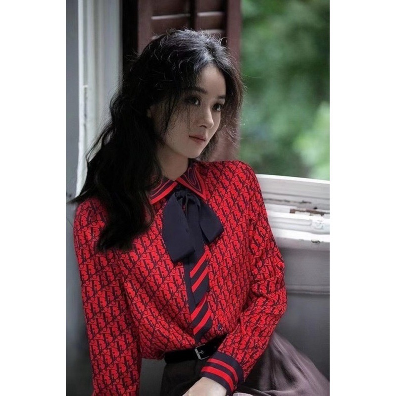 赵丽颖明星同款2022新款高定字母印花蝴蝶结衬衫长袖女士上衣