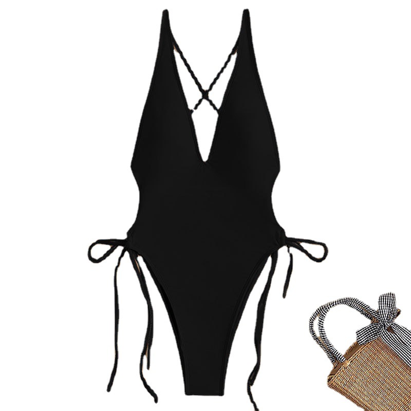 2024 New European and American Sexy Bikini Deep V One-Piece Swimsuit Beach Bikini Lace-up One-Piece Swimsuit for Women