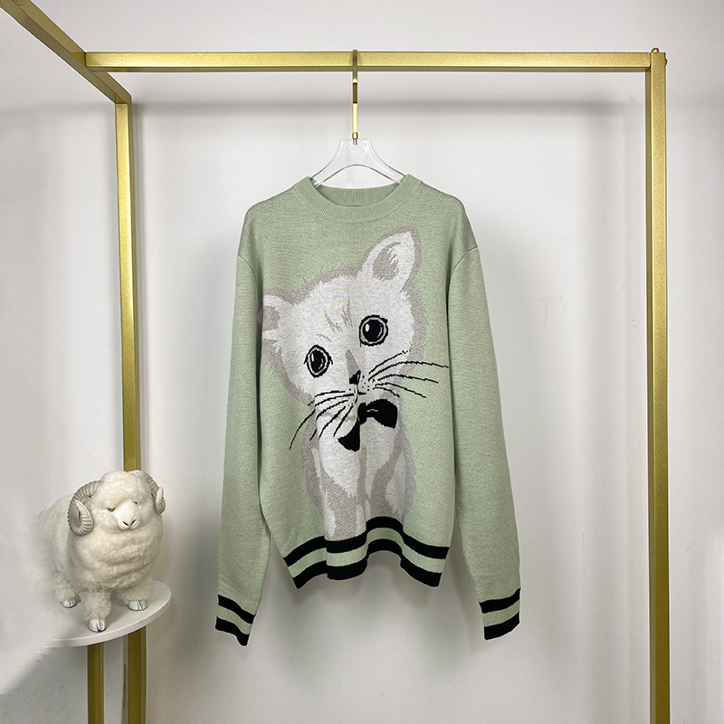 21秋冬新款女士羊毛针织衫 可爱小猫图案提花 宽松版型长毛衣