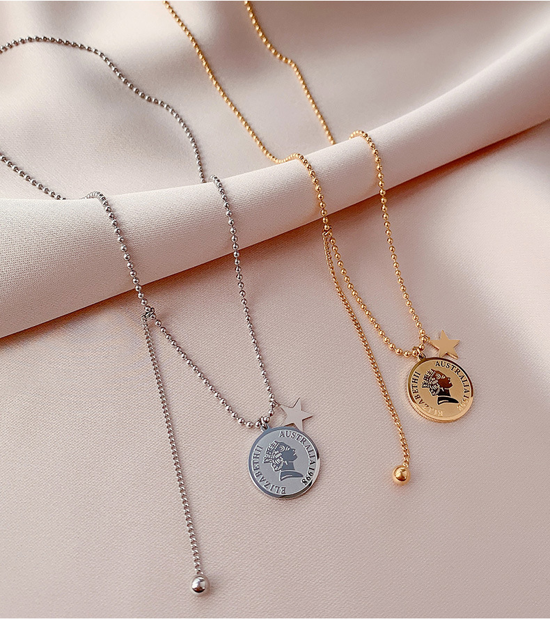 欧美ins伊丽莎白女王人像头像圆牌吊坠项链女锁骨链钛钢饰品 p916