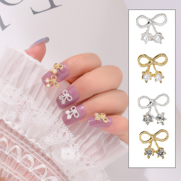 呆待网红新款镶钻蝴蝶结美甲饰品珍珠蝴蝶立体超闪金属指甲装饰品