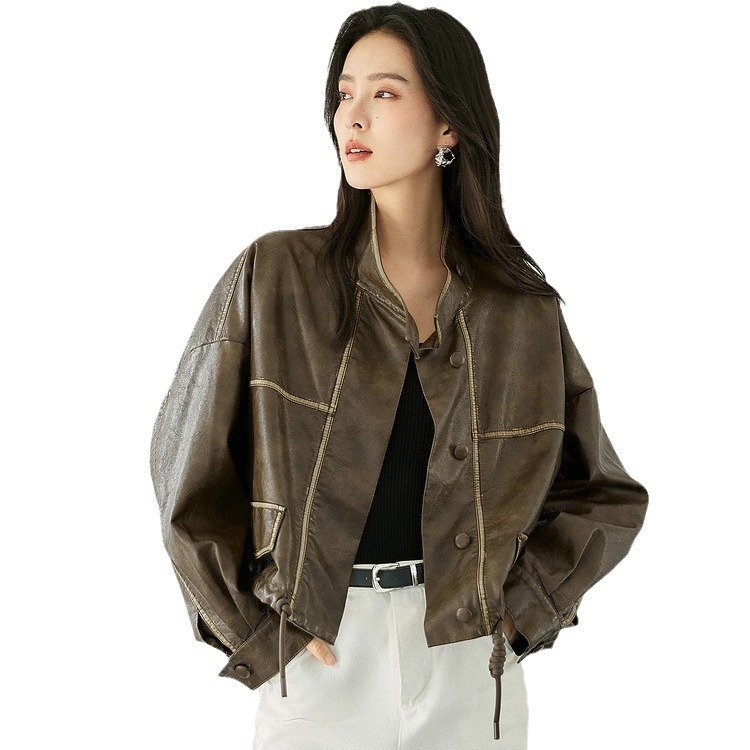 White Elegant Stand Collar Short Trench Coat for Women 2023 Autumn New Drawstring High-Grade Leather Jacket