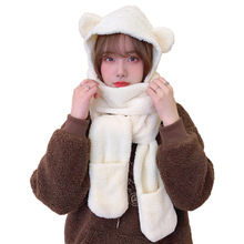 跨境卡通可爱小熊帽子围巾三件套冬季韩版帽保暖舒棉绒护耳一体帽