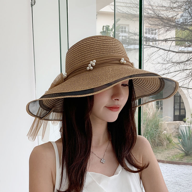 Pearl Large Brim Mesh Straw Hat Bow Silk Scarf Decorative Hat Beach Photography Travel Vacation Sun Hat Fashion