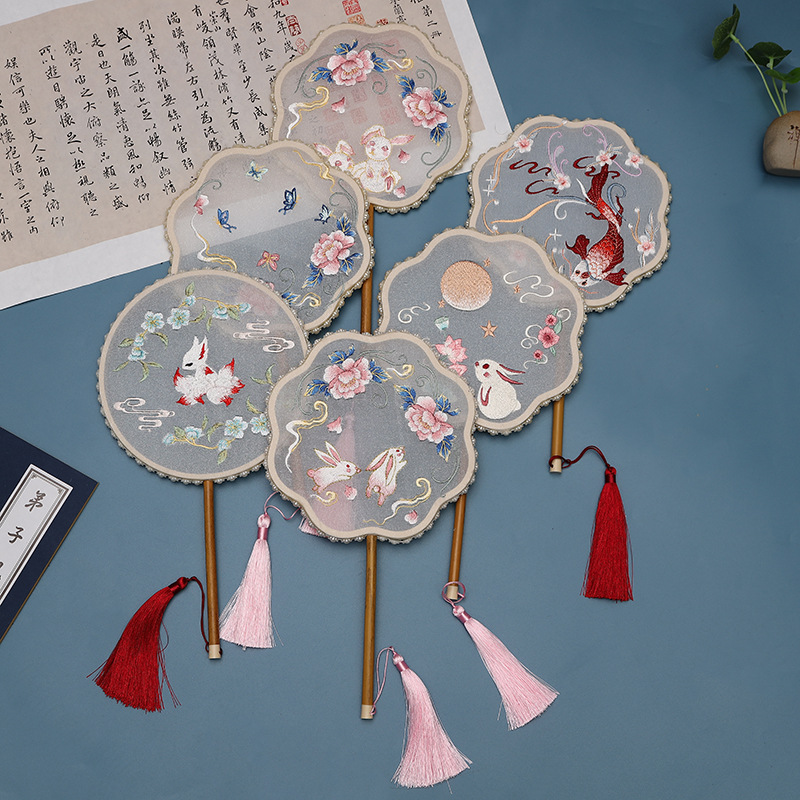 Factory Direct Sales Suzhou Embroidery Circular Fan Embroidery Jade Hare Koi round Fan Han Clothing Vintage Fan Mottled Bamboo Long Handle