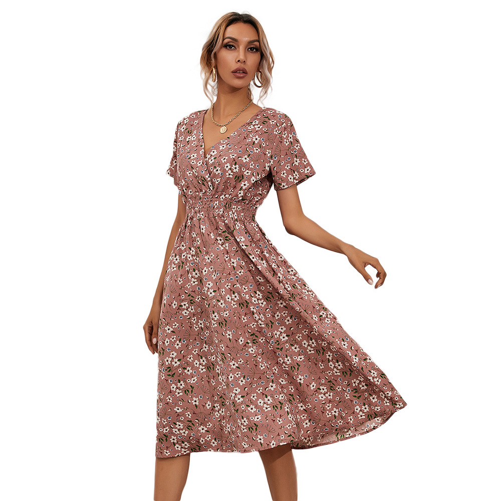 2023 Foreign Trade Women's Clothing European and American European Station Amazon Cross-Border Summer Small Floral Print Short Sleeve Dress