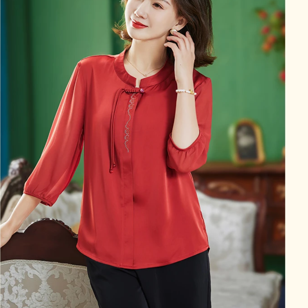 中年妈妈夏装t恤女2024新款新国风七分袖上衣洋气小衫中老年衬衫