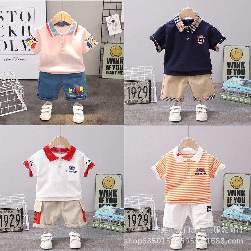 boys and girls summer wear suit 2023 new summer baby korean children casual western style shorts t-shirt two-piece set