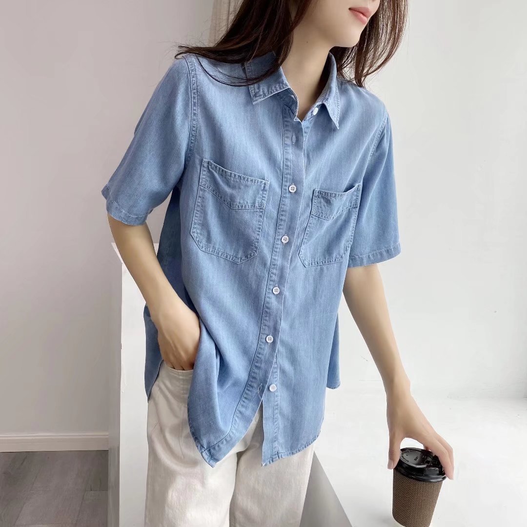 2126复古港味牛仔衬衫女薄款夏季宽松设计感小众上衣polo领短袖衣
