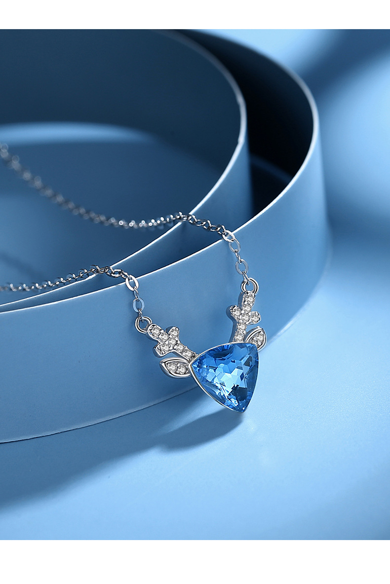 原创新款一鹿有你项链女纯银韩版时尚奥地利蓝水晶鹿角吊坠锁骨链