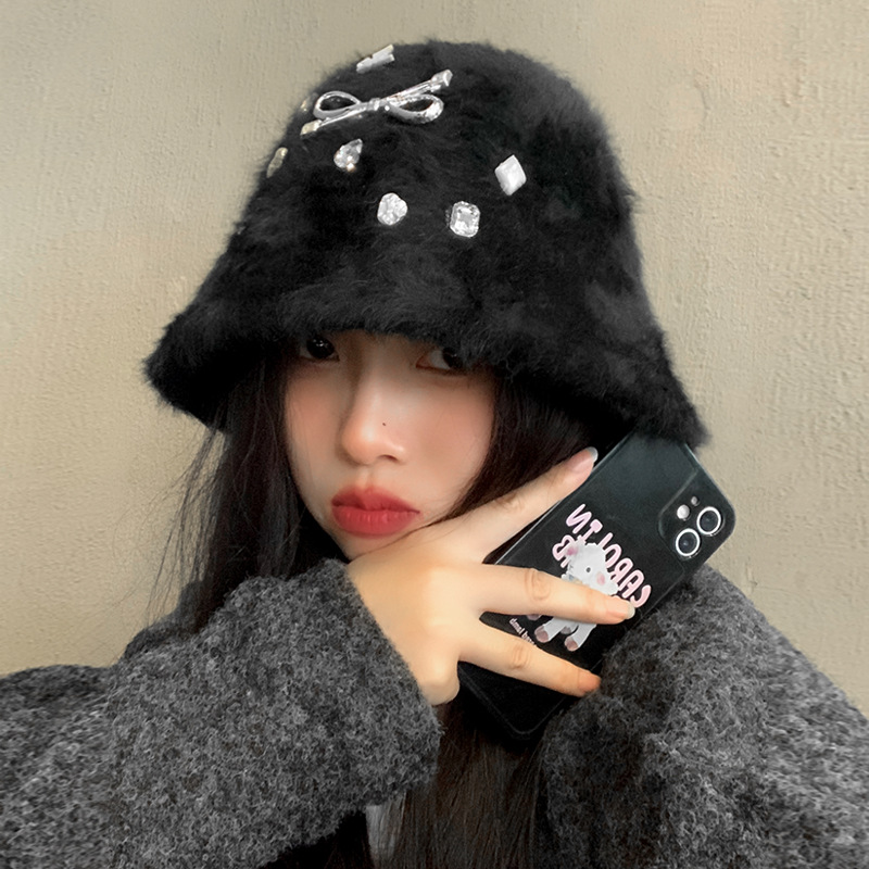 Winter New Korean Style Rhinestone Furry Rabbit Fur Bucket Hat Women's Fashion Leisure Warm Cold-Proof Face Small Bucket Hat
