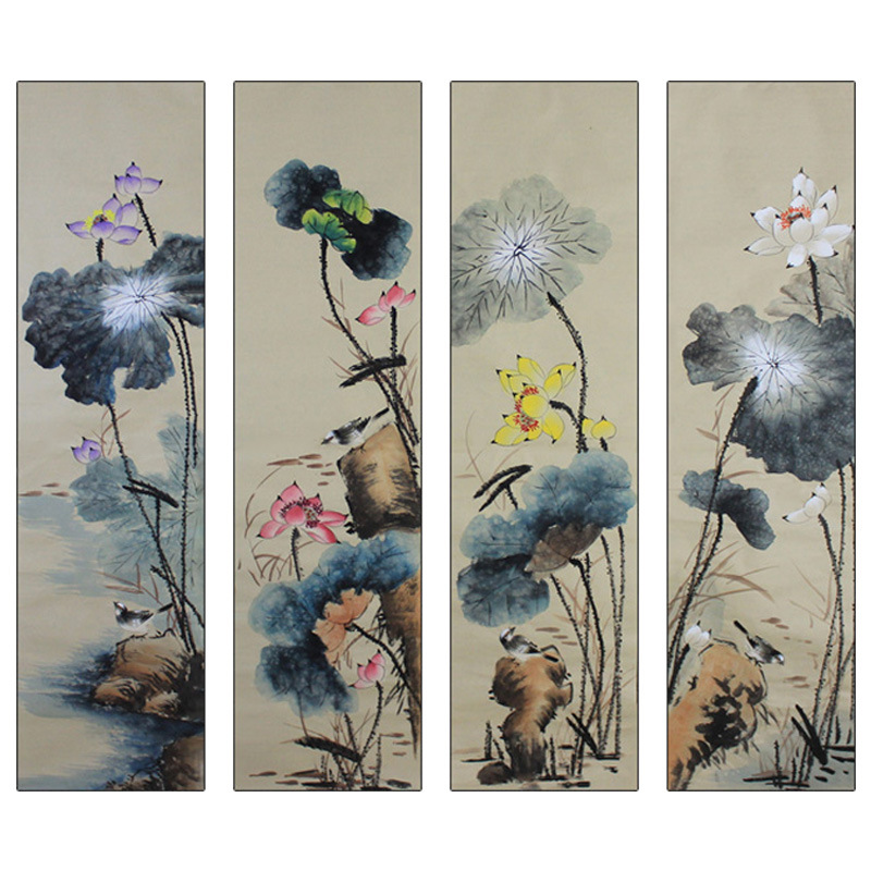 纯手绘荷花国画连年有余花鸟画批发画芯客厅中国风装饰画四条屏